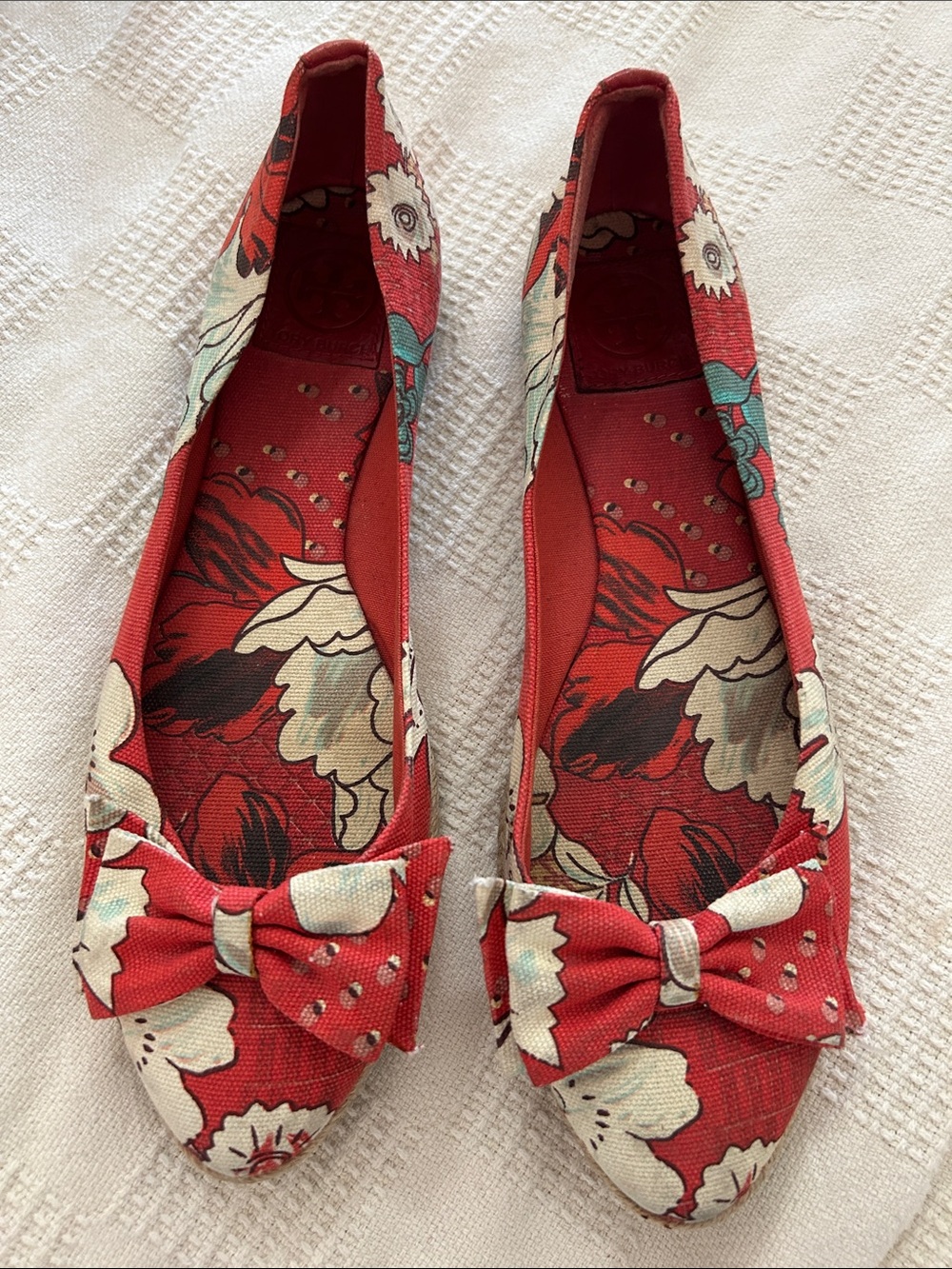 Tory Burch Coral Red Floral Canvas Espadrilles 11